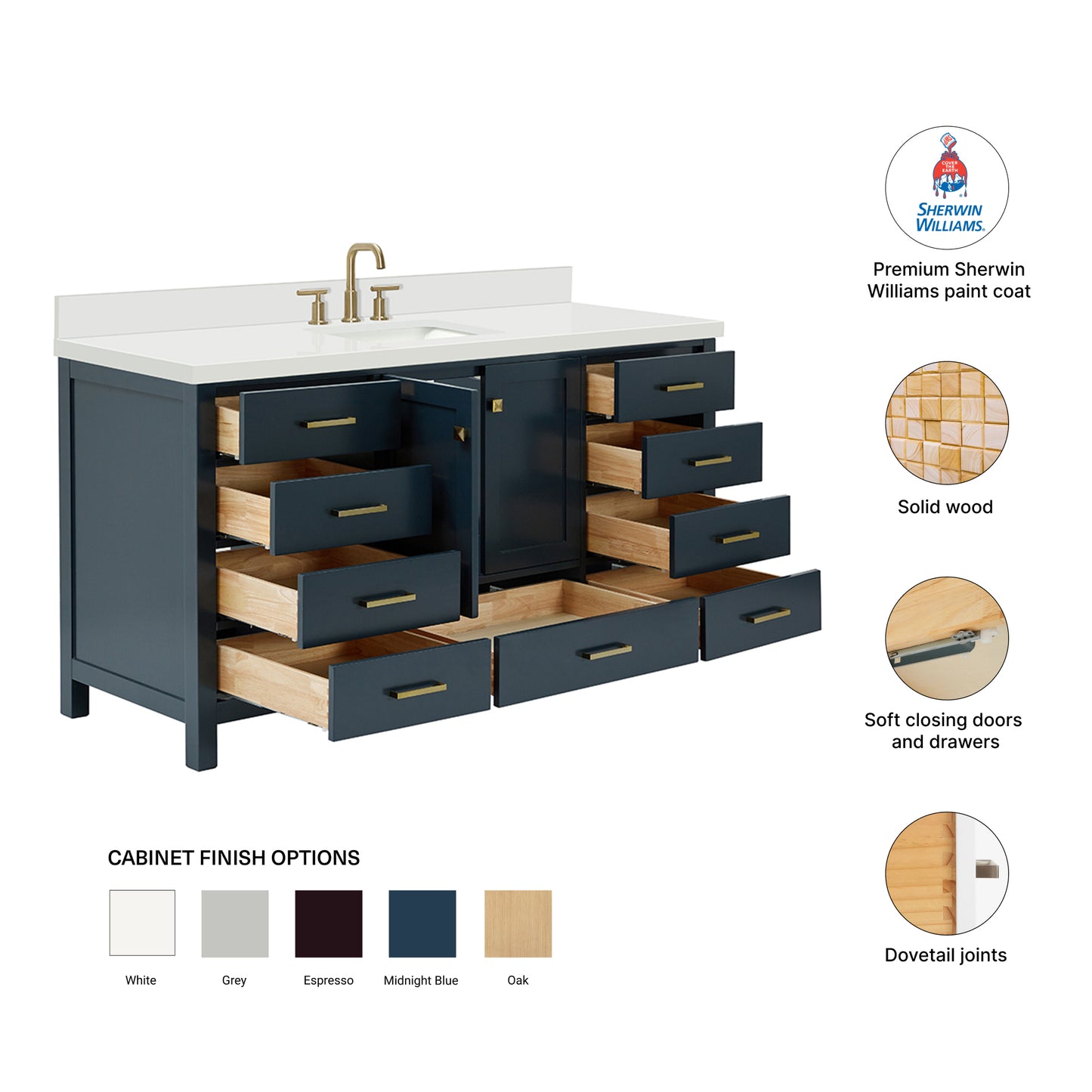 Beckford 66-Inch Midnight Blue bathroom vanity – feature highlights: solid wood frame, soft-close doors and drawers, Sherwin-Williams paint finish