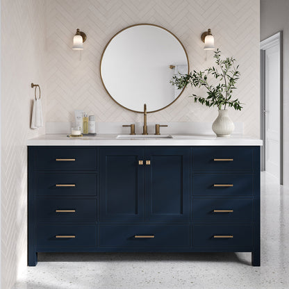 Beckford 66-Inch Midnight Blue bathroom vanity in styled bathroom setting