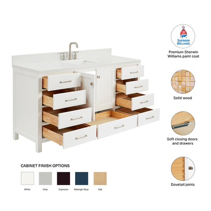 Beckford 66-Inch White bathroom vanity – feature highlights: solid wood frame, soft-close doors and drawers, Sherwin-Williams paint finish