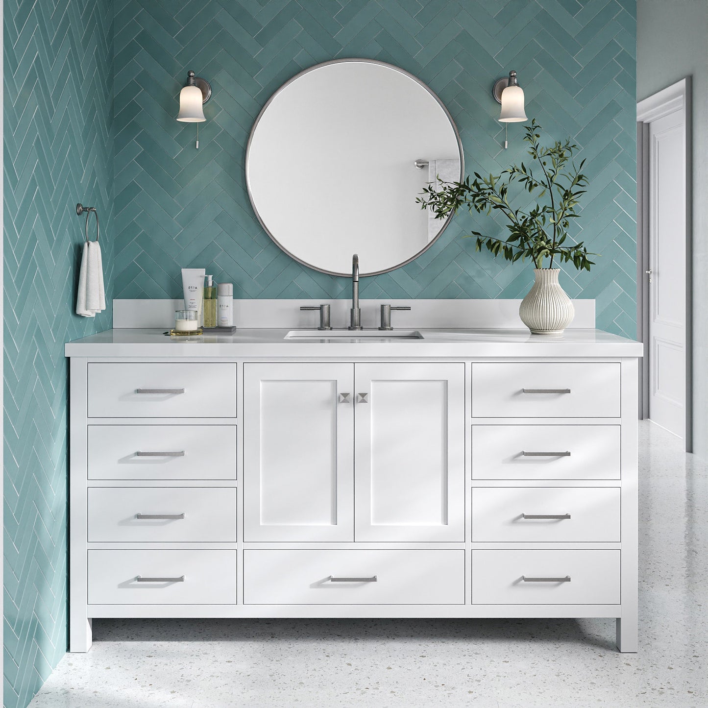 Beckford 66-Inch White bathroom vanity in styled bathroom setting