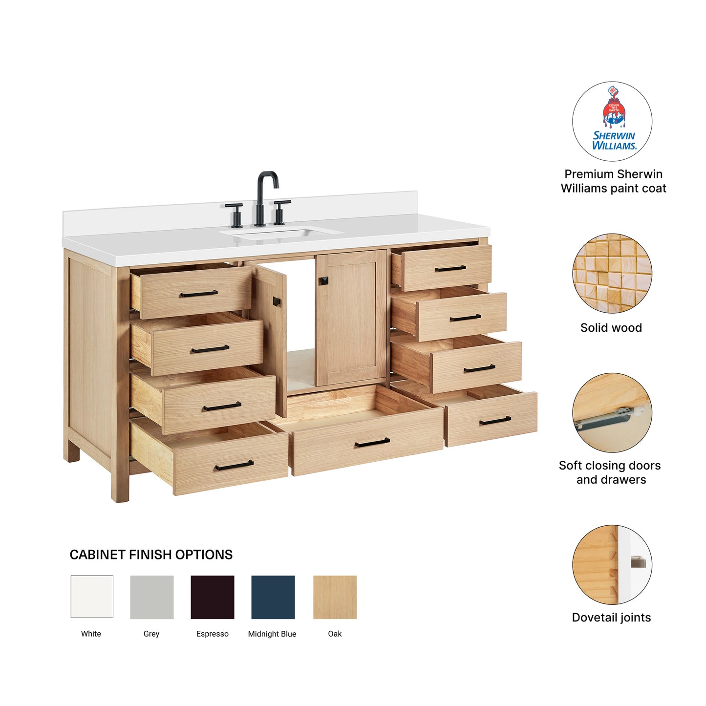 Beckford 66-Inch White Oak bathroom vanity – feature highlights: solid wood frame, soft-close doors and drawers, Sherwin-Williams paint finish