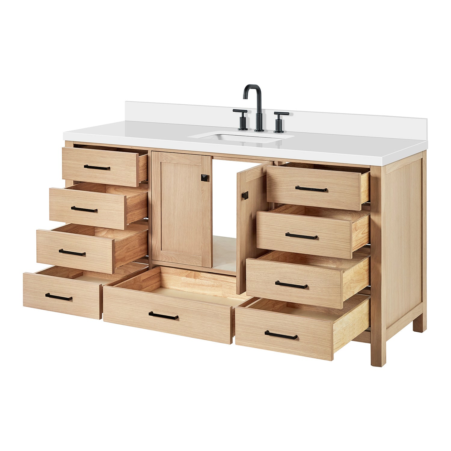 Beckford 66-Inch White Oak bathroom vanity on white background – product photo 1