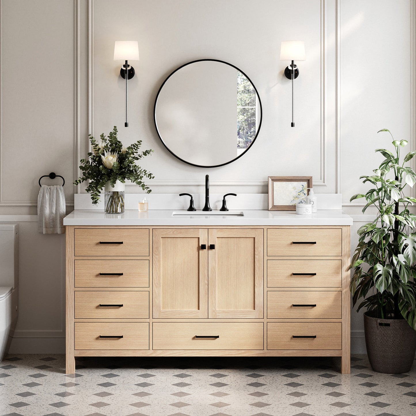 Beckford 66-Inch White Oak bathroom vanity in styled bathroom setting
