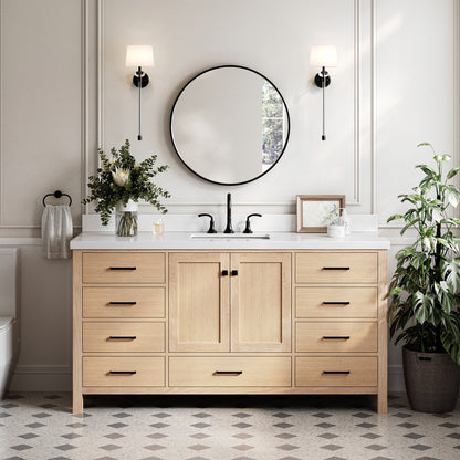 Beckford 66-Inch White Oak bathroom vanity in styled bathroom setting