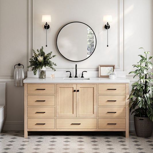 Beckford 66-Inch White Oak bathroom vanity in styled bathroom setting