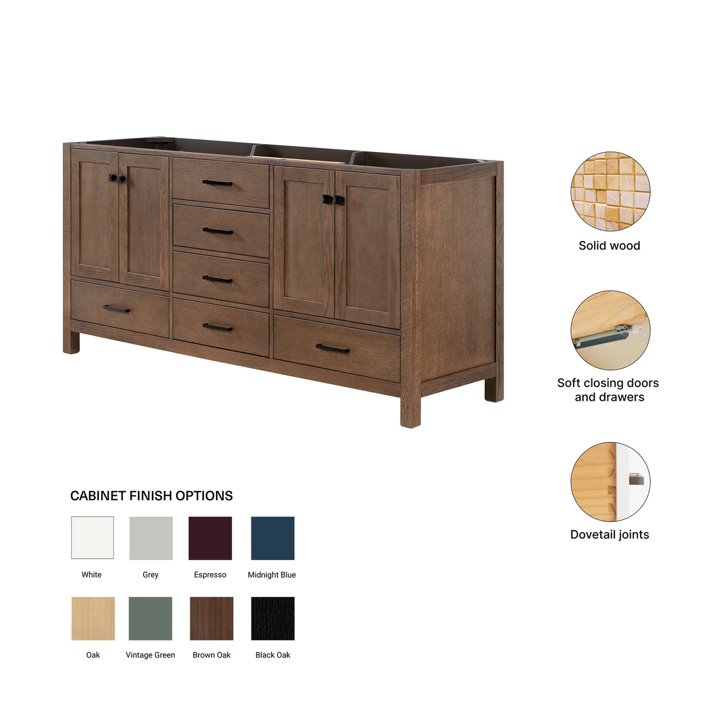 Beckford 72-inch Brown Oak base cabinet on feature highlights: solid wood frame, soft-close doors and drawers, Sherwin-Williams paint finish