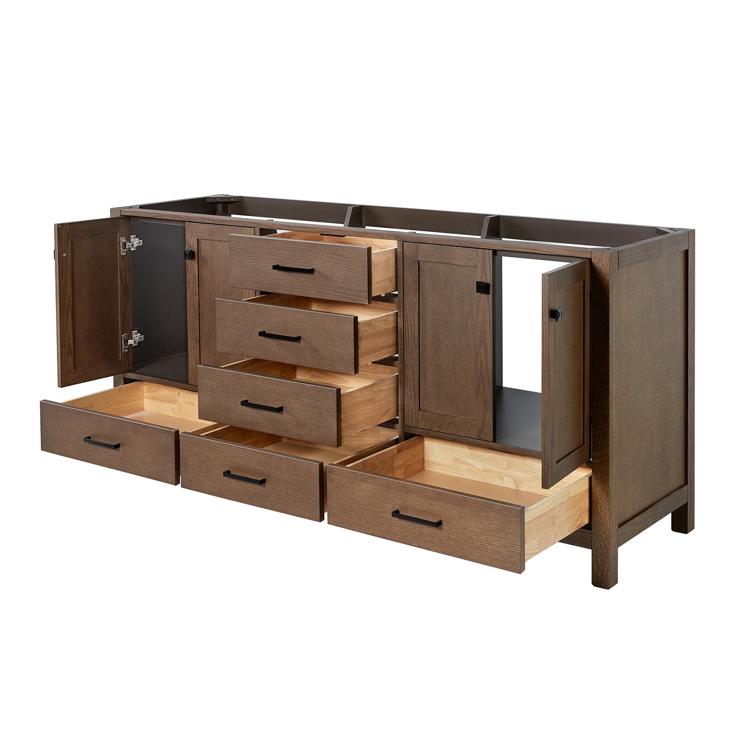 Beckford 72-inch Brown Oak base cabinet on white back ground side view open door