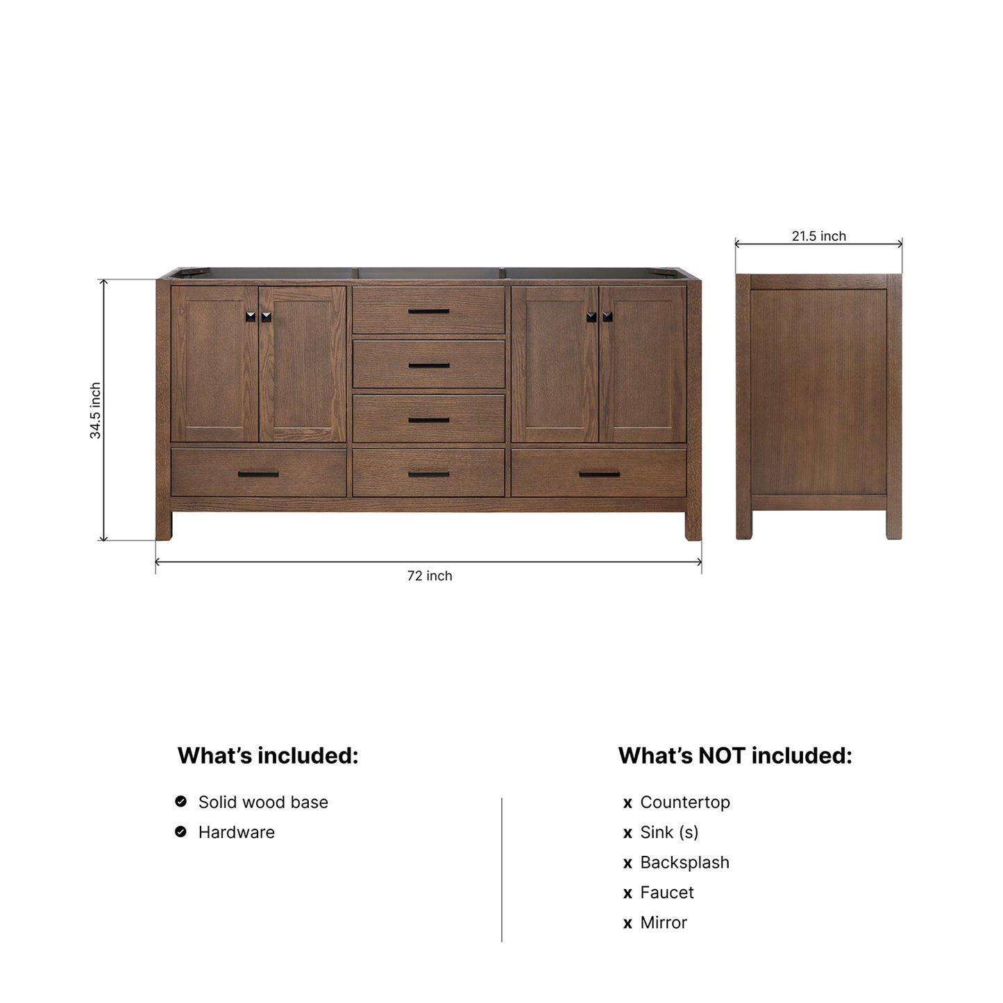 Beckford 72-inch Brown Oak base cabinet on dimensions