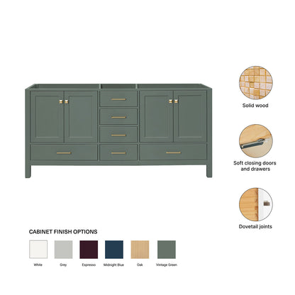 Beckford 72-inch Vintage Green base cabinet on feature highlights: solid wood frame, soft-close doors and drawers, Sherwin-Williams paint finish