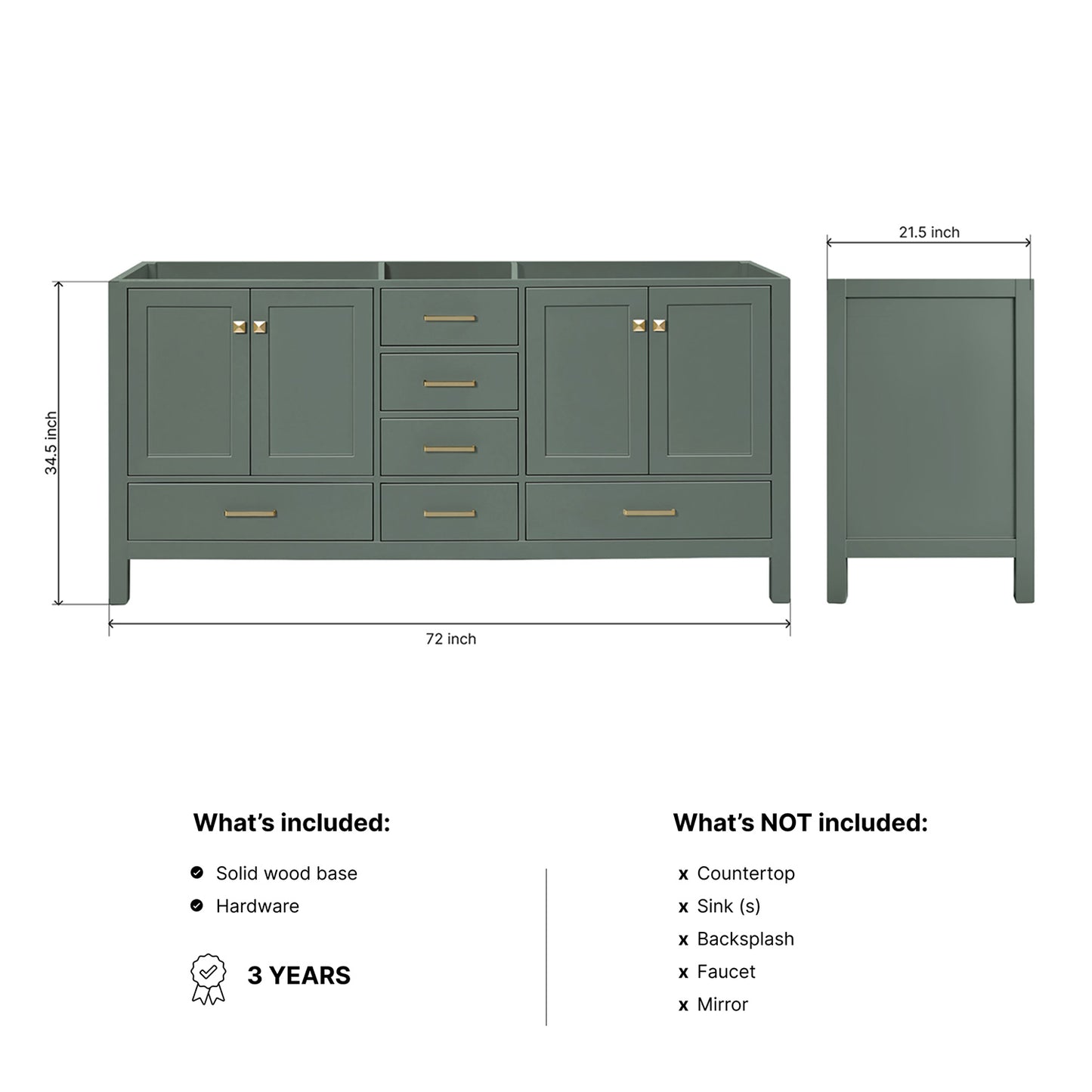 Beckford 72-inch Vintage Green base cabinet on dimensions