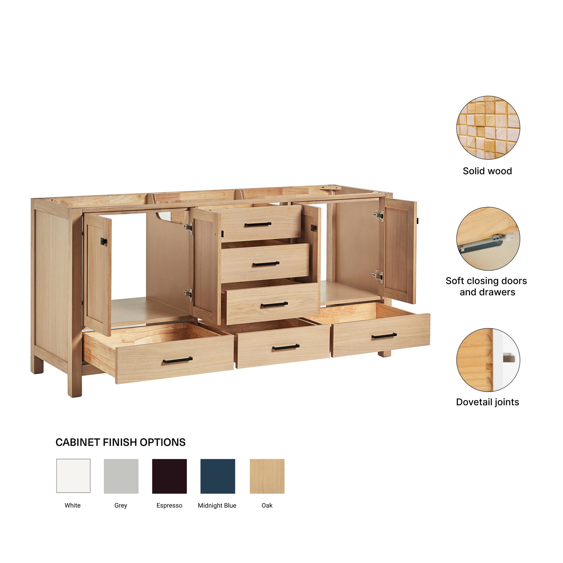 Beckford 72-inch Natural Oak base cabinet on feature highlights: solid wood frame, soft-close doors and drawers, Sherwin-Williams paint finish