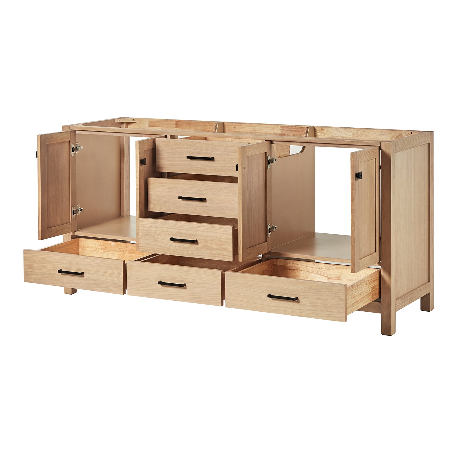 Beckford 72-inch Natural Oak base cabinet on white back ground side view open door