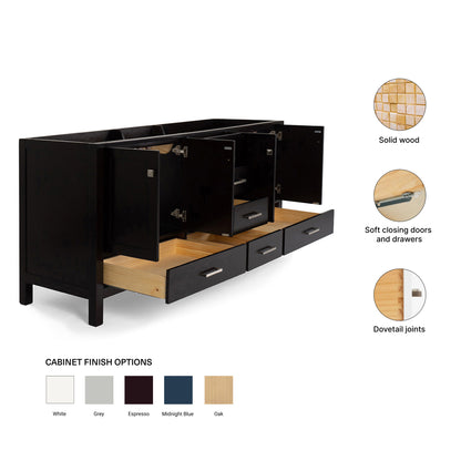 Beckford 72-inch Espresso base cabinet on feature highlights: solid wood frame, soft-close doors and drawers, Sherwin-Williams paint finish