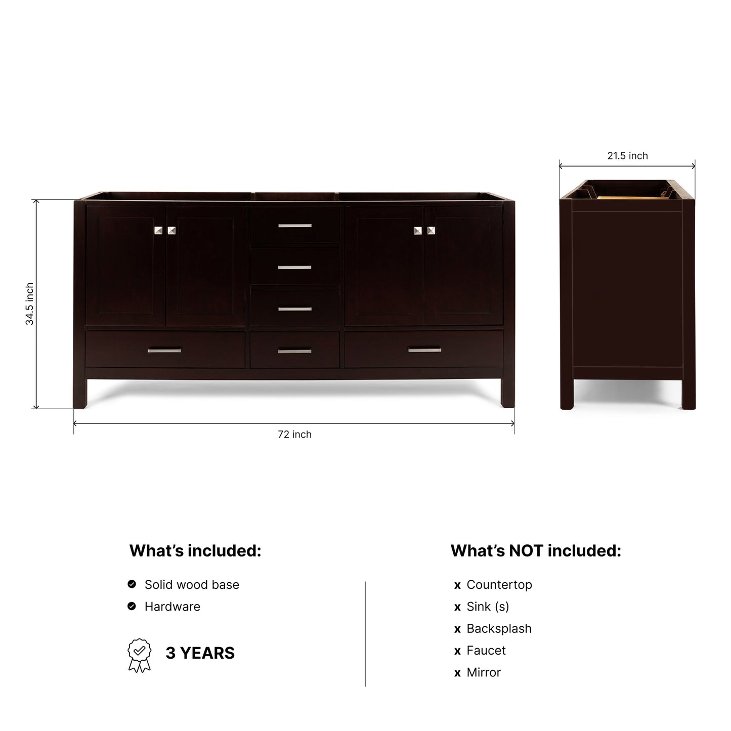 Beckford 72-inch Espresso base cabinet on dimensions