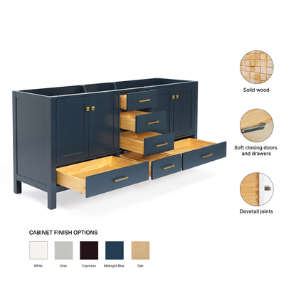 Beckford 72-inch Midnight Blue base cabinet on feature highlights: solid wood frame, soft-close doors and drawers, Sherwin-Williams paint finish