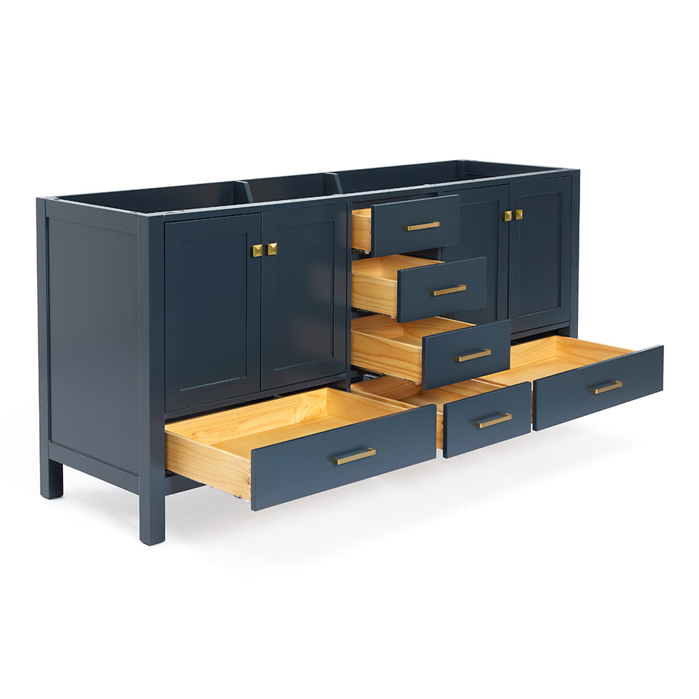 Beckford 72-inch Midnight Blue base cabinet on white back ground side view open door
