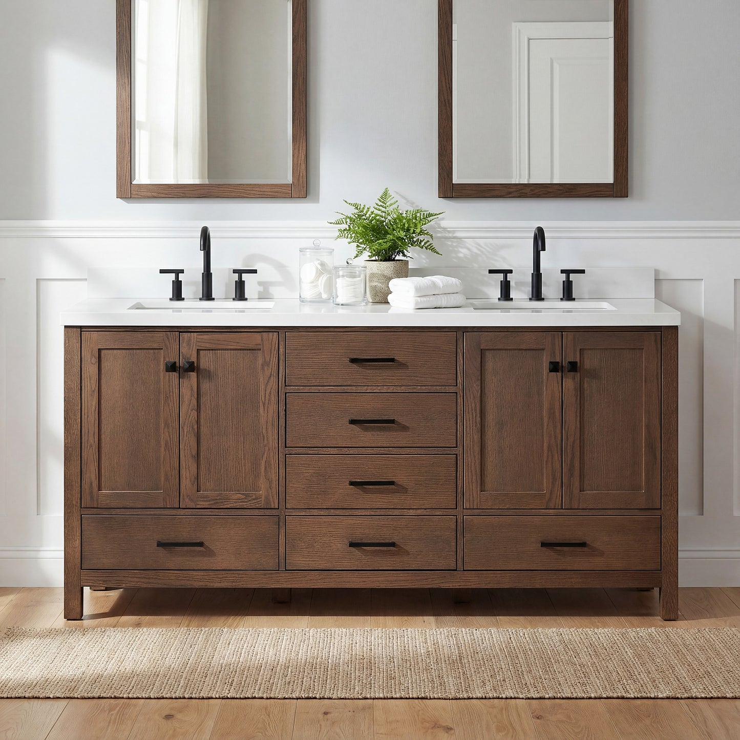 Beckford 72-Inch Brown Oak bathroom vanity in styled bathroom setting