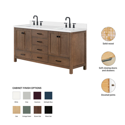 Beckford 72-Inch Brown Oak bathroom vanity – feature highlights: solid wood frame, soft-close doors and drawers, Sherwin-Williams paint finish