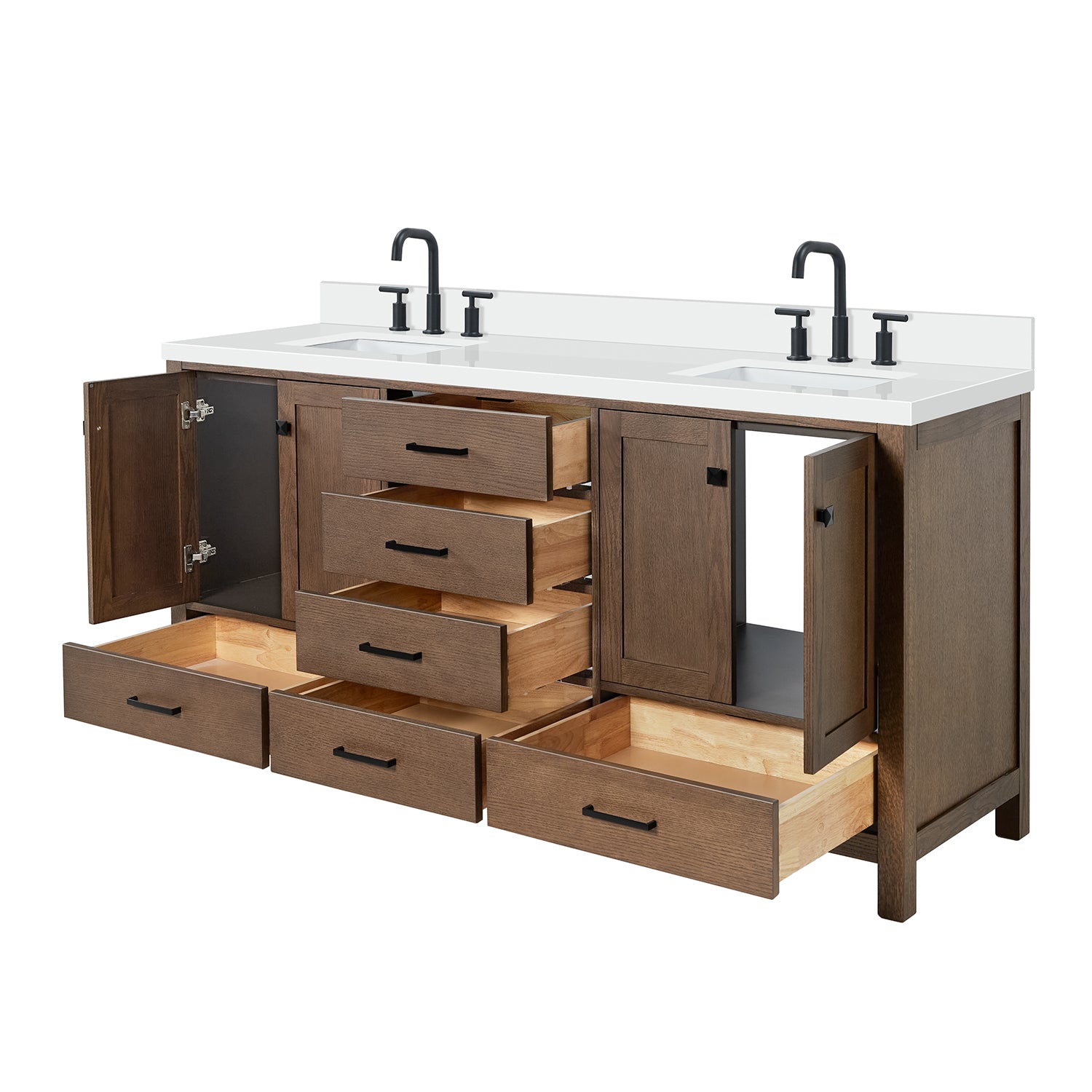 Beckford 72-Inch Brown Oak bathroom vanity on white background – product photo 6