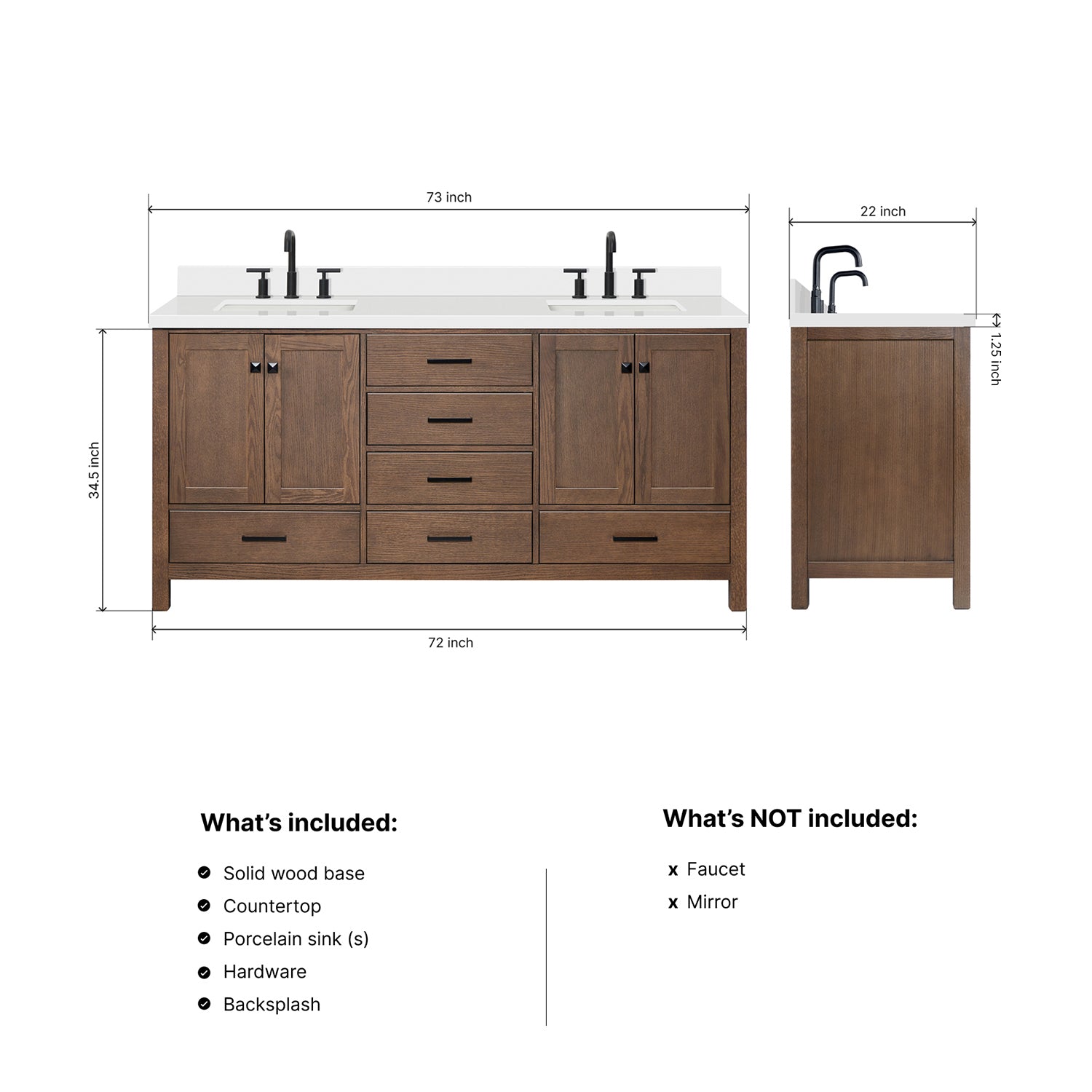 Beckford 72-Inch Brown Oak bathroom vanity dimensions