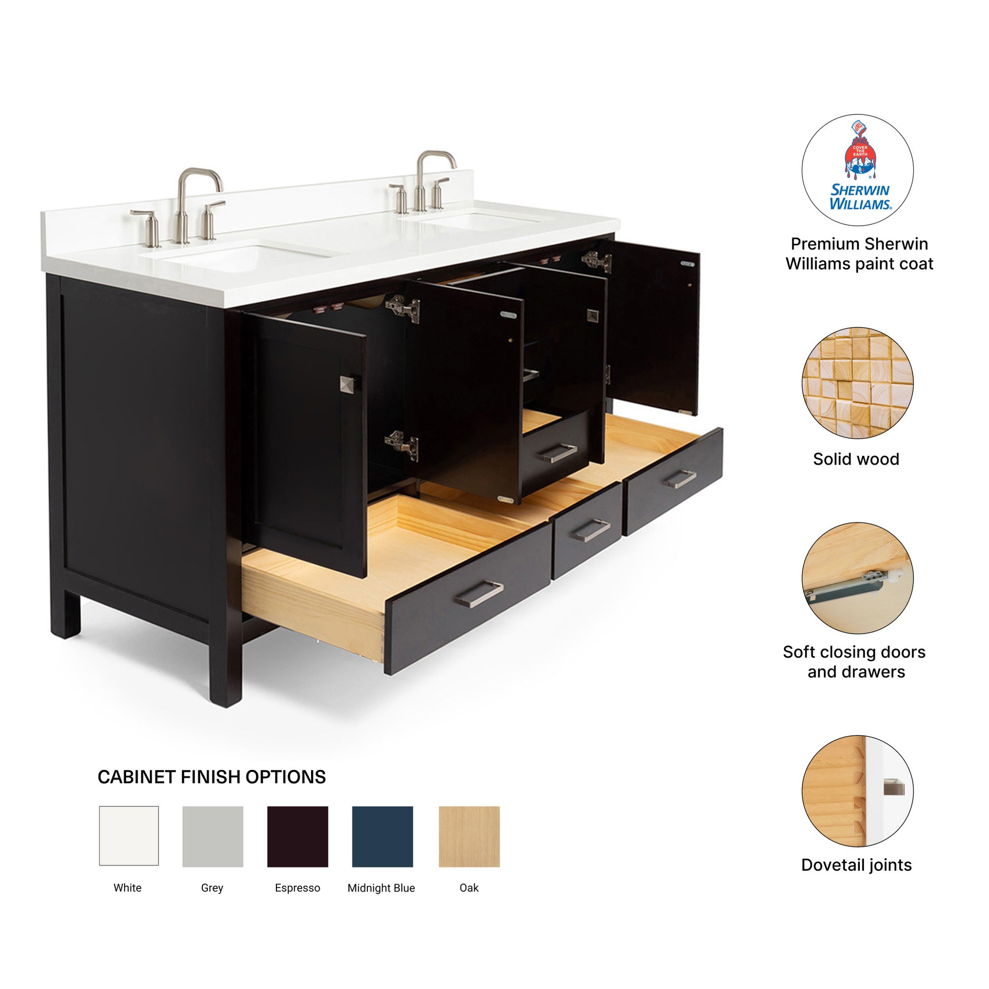 Beckford 72-Inch Espresso bathroom vanity – feature highlights: solid wood frame, soft-close doors and drawers, Sherwin-Williams paint finish