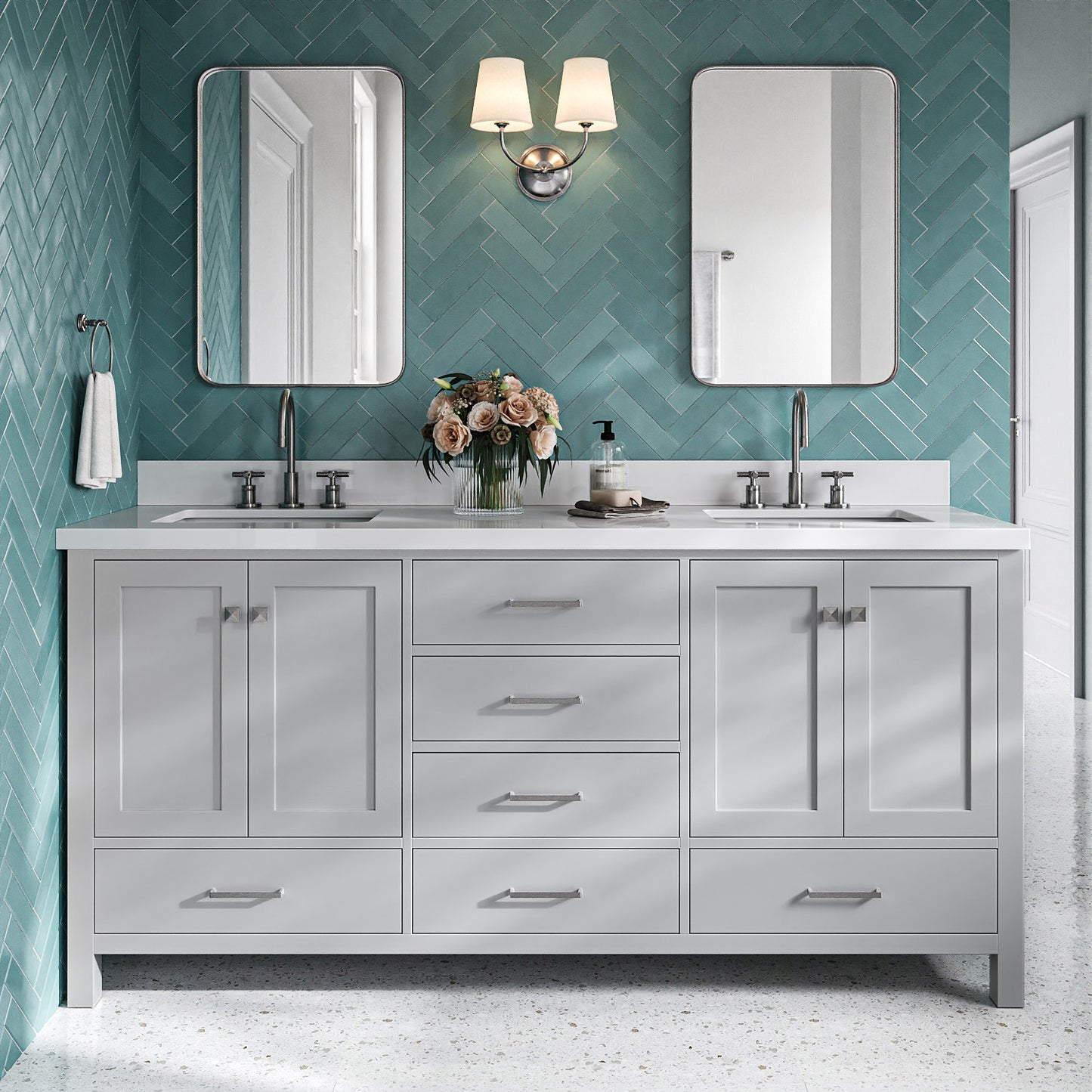 Beckford 72-Inch Grey bathroom vanity in styled bathroom setting