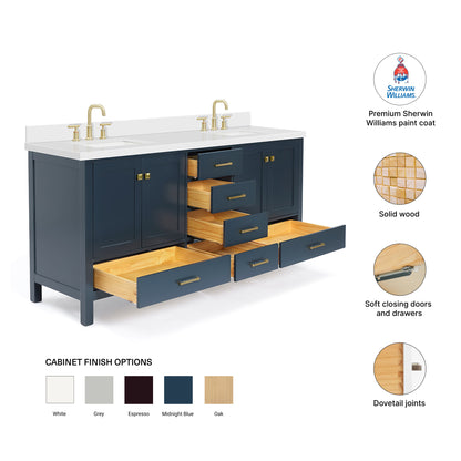 Beckford 72-Inch Midnight Blue bathroom vanity – feature highlights: solid wood frame, soft-close doors and drawers, Sherwin-Williams paint finish