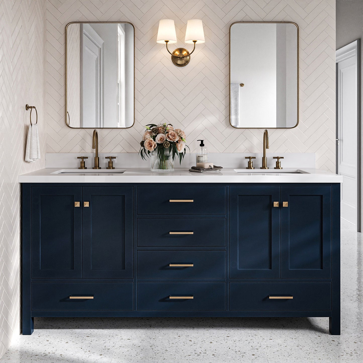 Beckford 72-Inch Midnight Blue bathroom vanity in styled bathroom setting