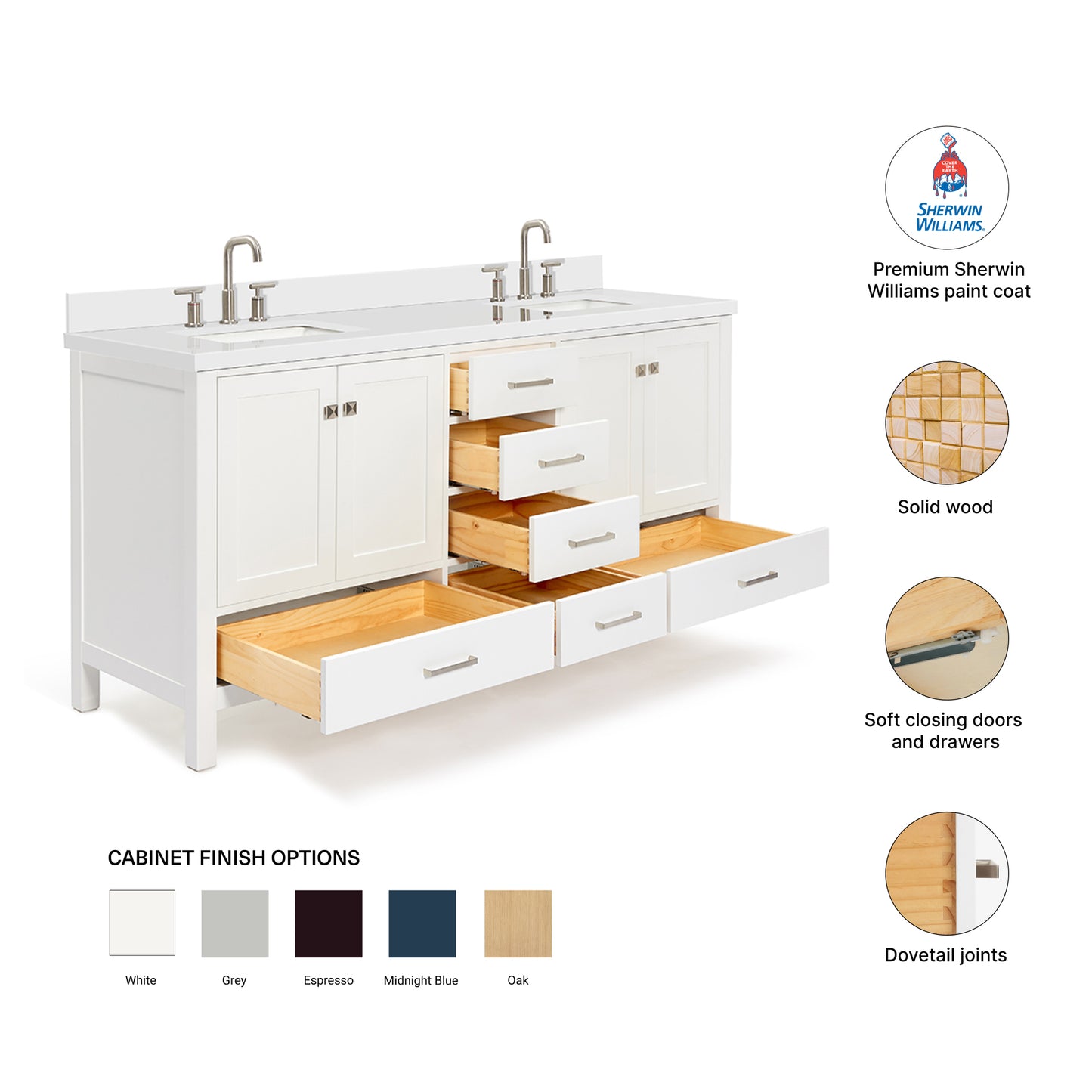 Beckford 72-Inch White bathroom vanity – feature highlights: solid wood frame, soft-close doors and drawers, Sherwin-Williams paint finish