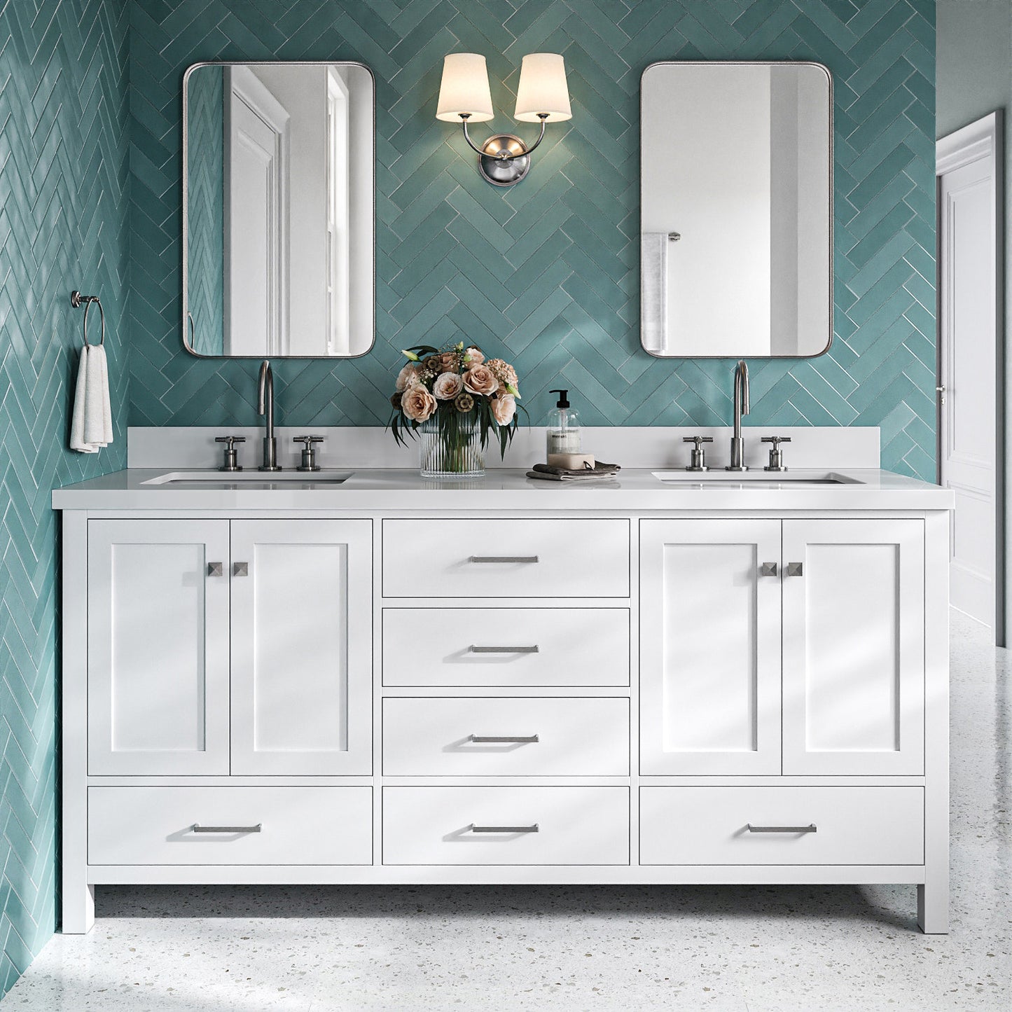 Beckford 72-Inch White bathroom vanity in styled bathroom setting
