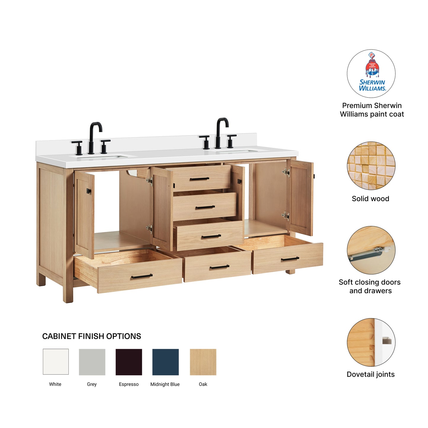Beckford 72-Inch White Oak bathroom vanity – feature highlights: solid wood frame, soft-close doors and drawers, Sherwin-Williams paint finish