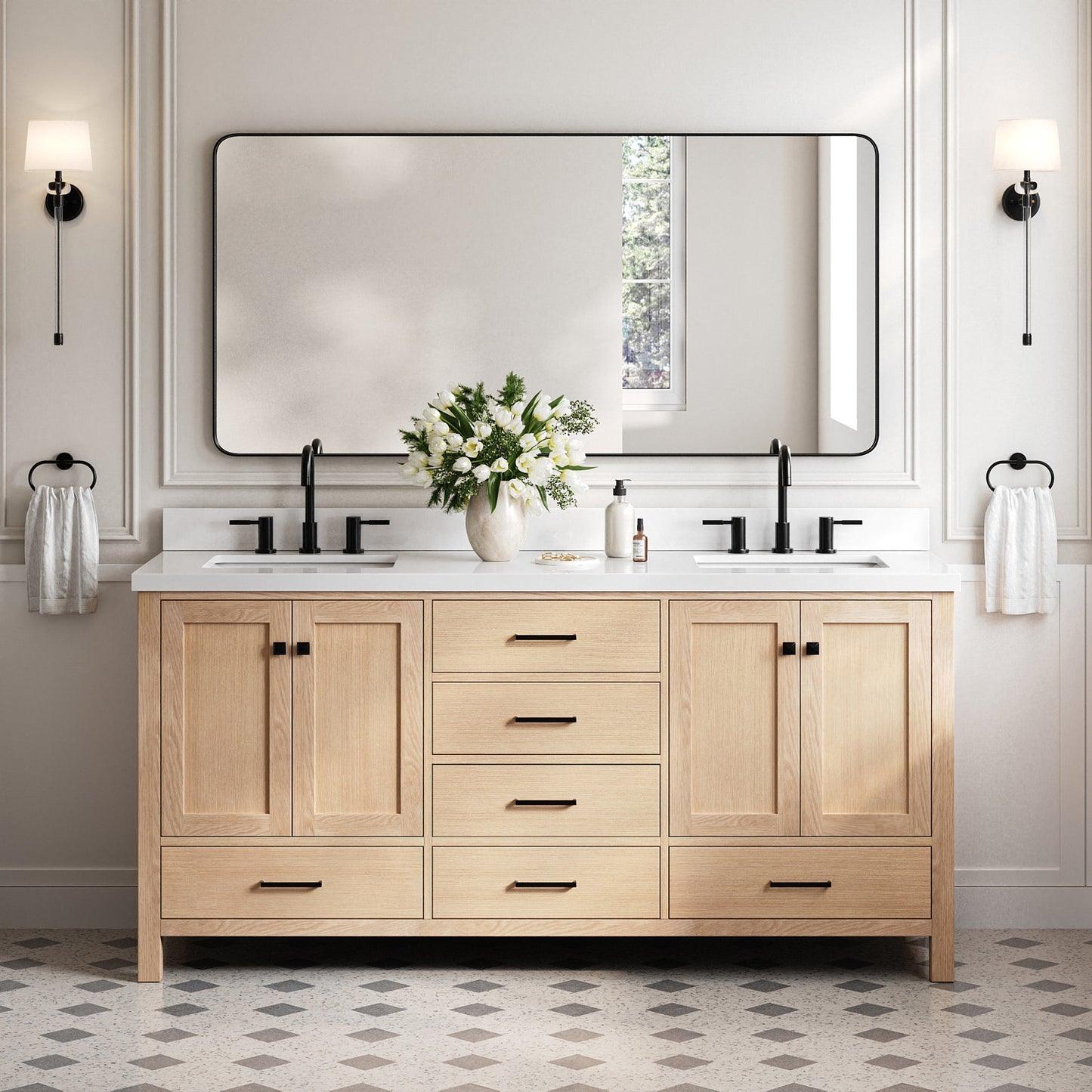Beckford 72-Inch White Oak bathroom vanity in styled bathroom setting