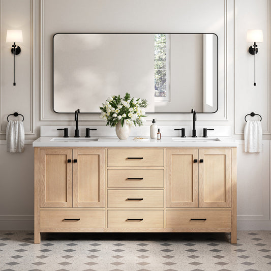 Beckford 72-Inch White Oak bathroom vanity in styled bathroom setting
