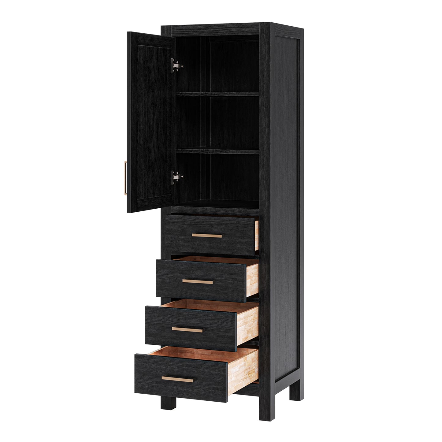 Beckford 2065-inch Brown Oak base cabinet on white back ground side view open door