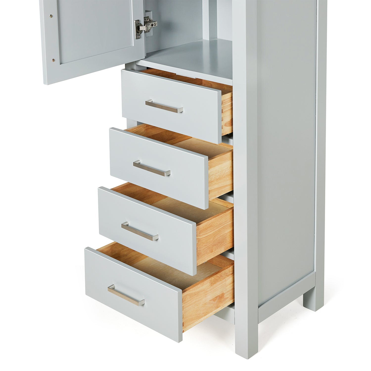 Beckford 2065-inch Grey base cabinet on white back ground front view open door