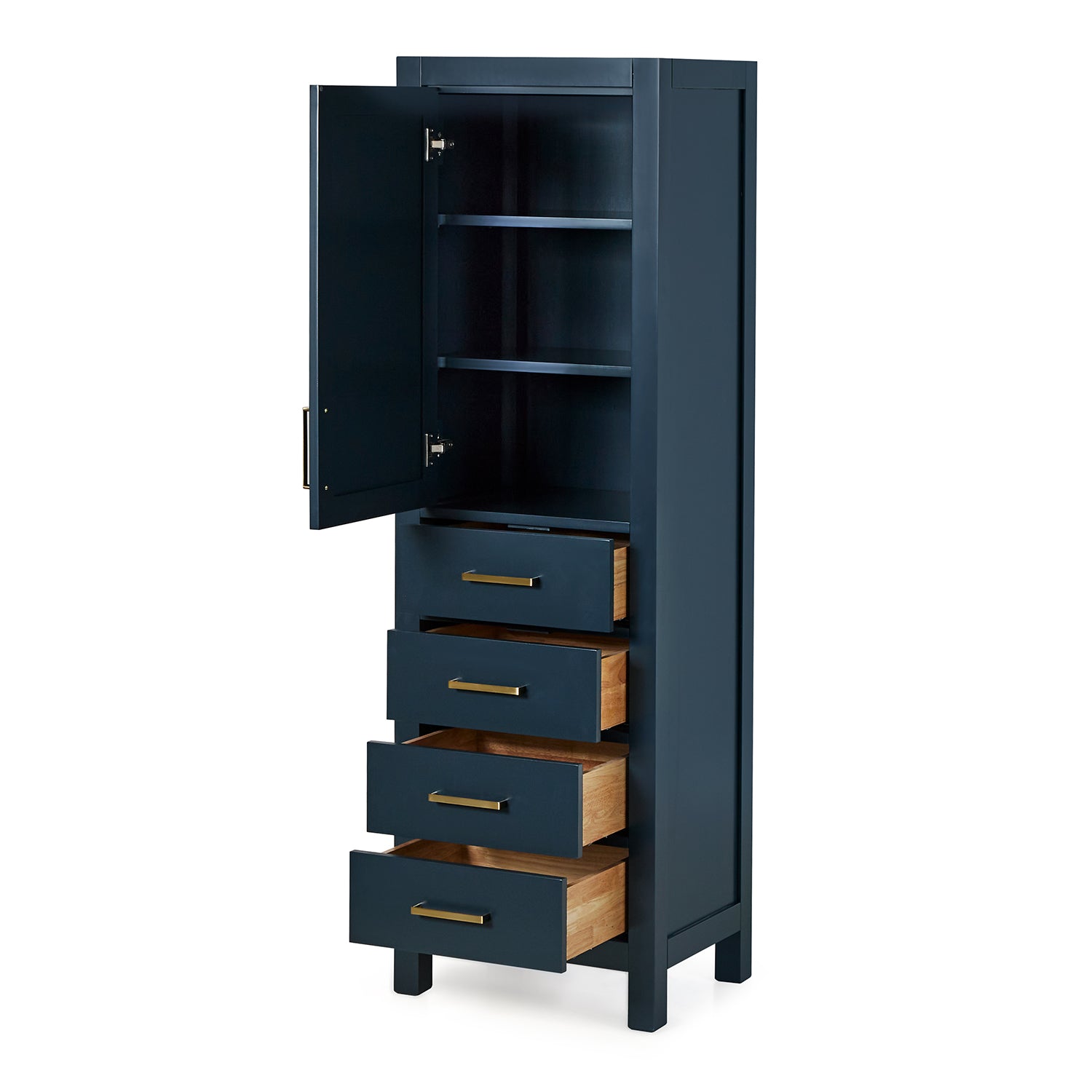 Beckford 2065-inch Midnight Blue base cabinet on white back ground side view open door