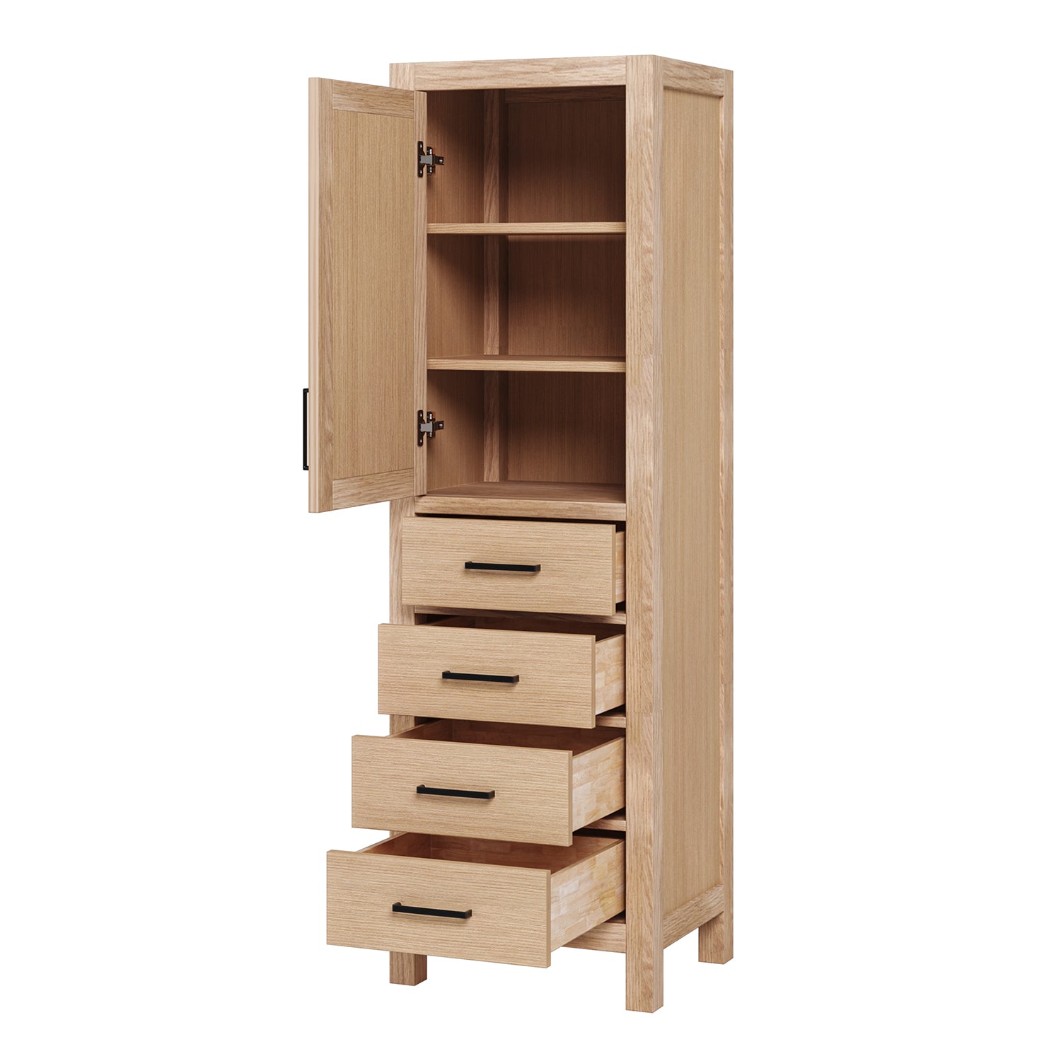 Beckford 2065-inch White Oak base cabinet on white back ground side view open door