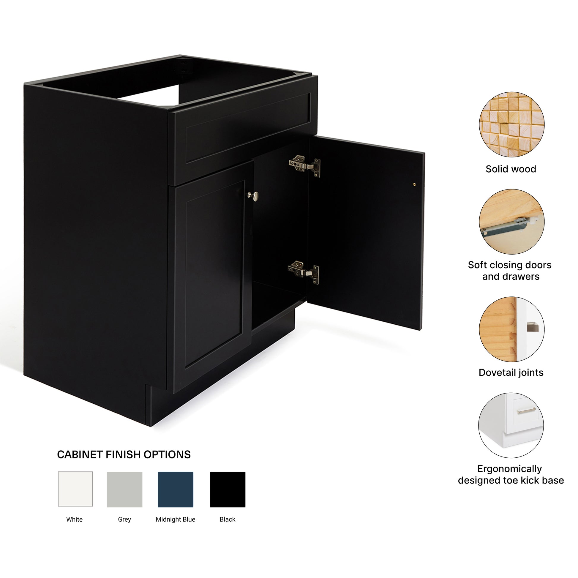 Bradford 30-inch Black base cabinet on feature highlights: solid wood frame, soft-close doors and drawers, Sherwin-Williams paint finish