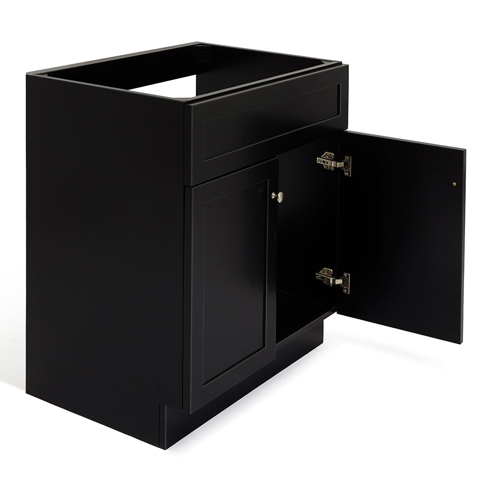 Bradford 30-inch Black base cabinet on white back ground side view open door