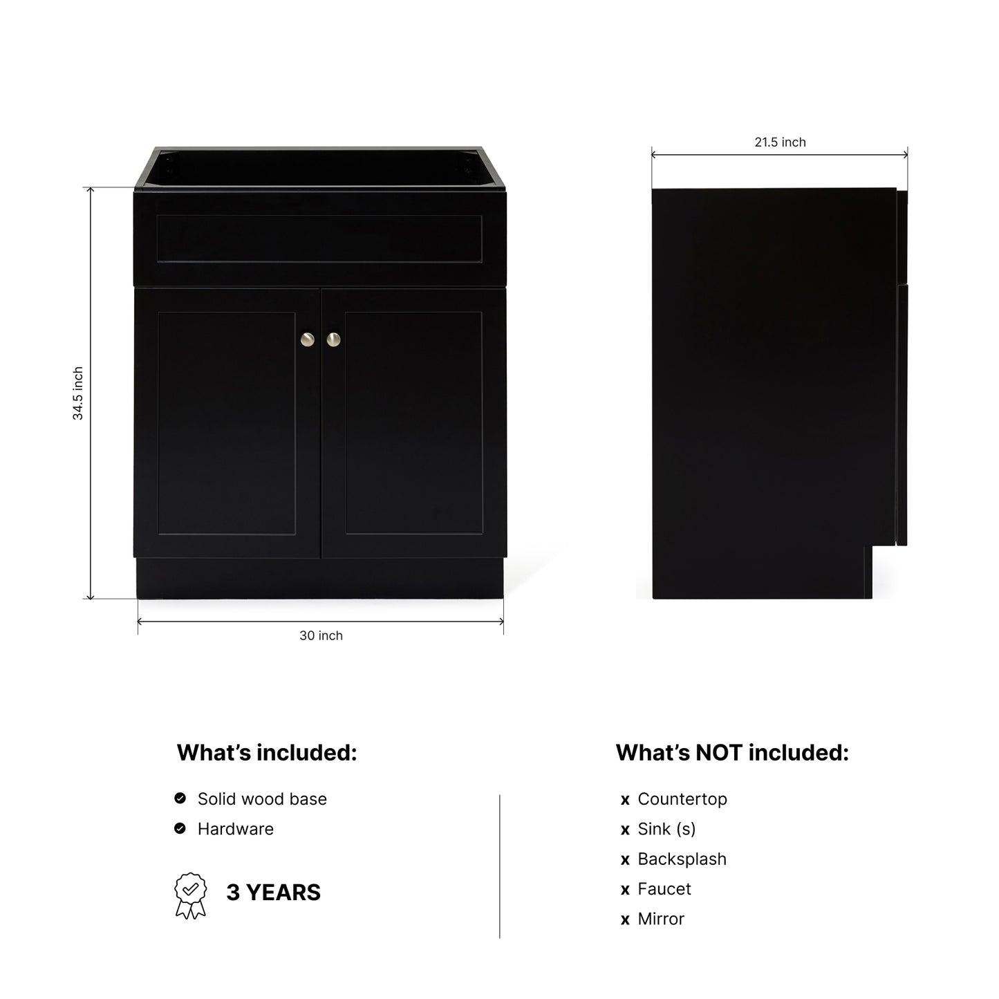 Bradford 30-inch Black base cabinet on dimensions