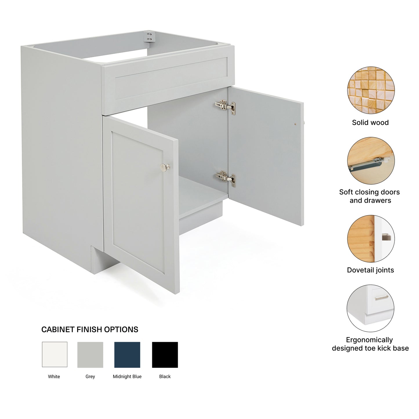 Bradford 30-inch Grey base cabinet on feature highlights: solid wood frame, soft-close doors and drawers, Sherwin-Williams paint finish