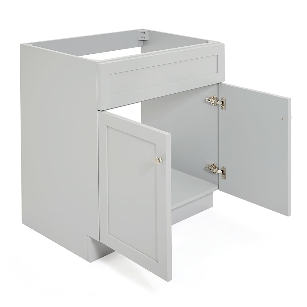 Bradford 30-inch Grey base cabinet on white back ground side view open door