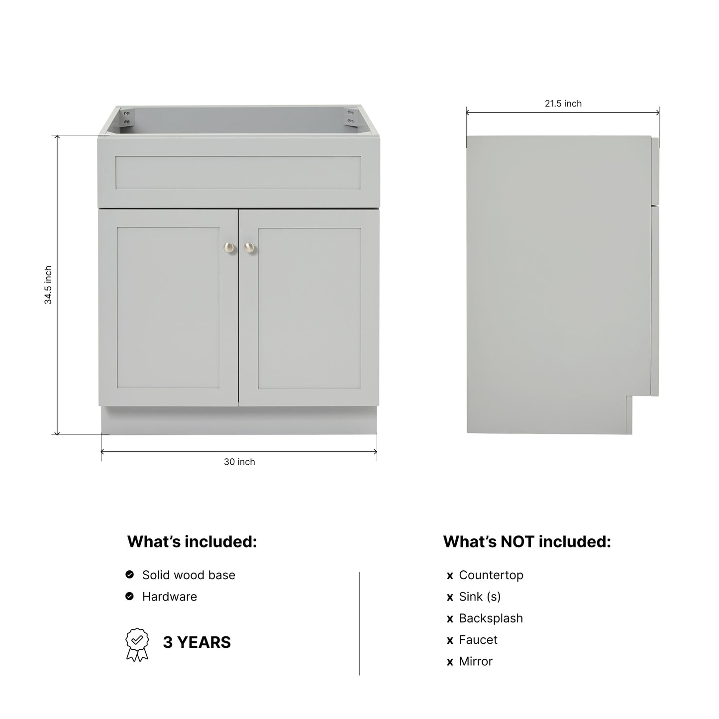 Bradford 30-inch Grey base cabinet on dimensions