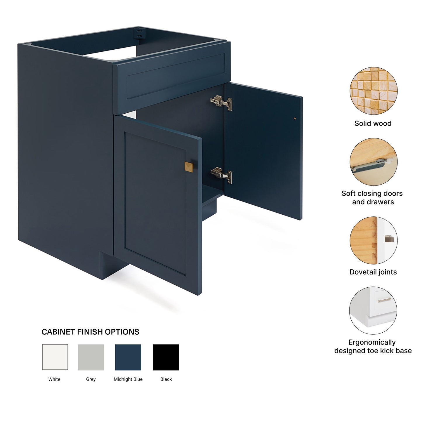 Bradford 30-inch Midnight Blue base cabinet on feature highlights: solid wood frame, soft-close doors and drawers, Sherwin-Williams paint finish