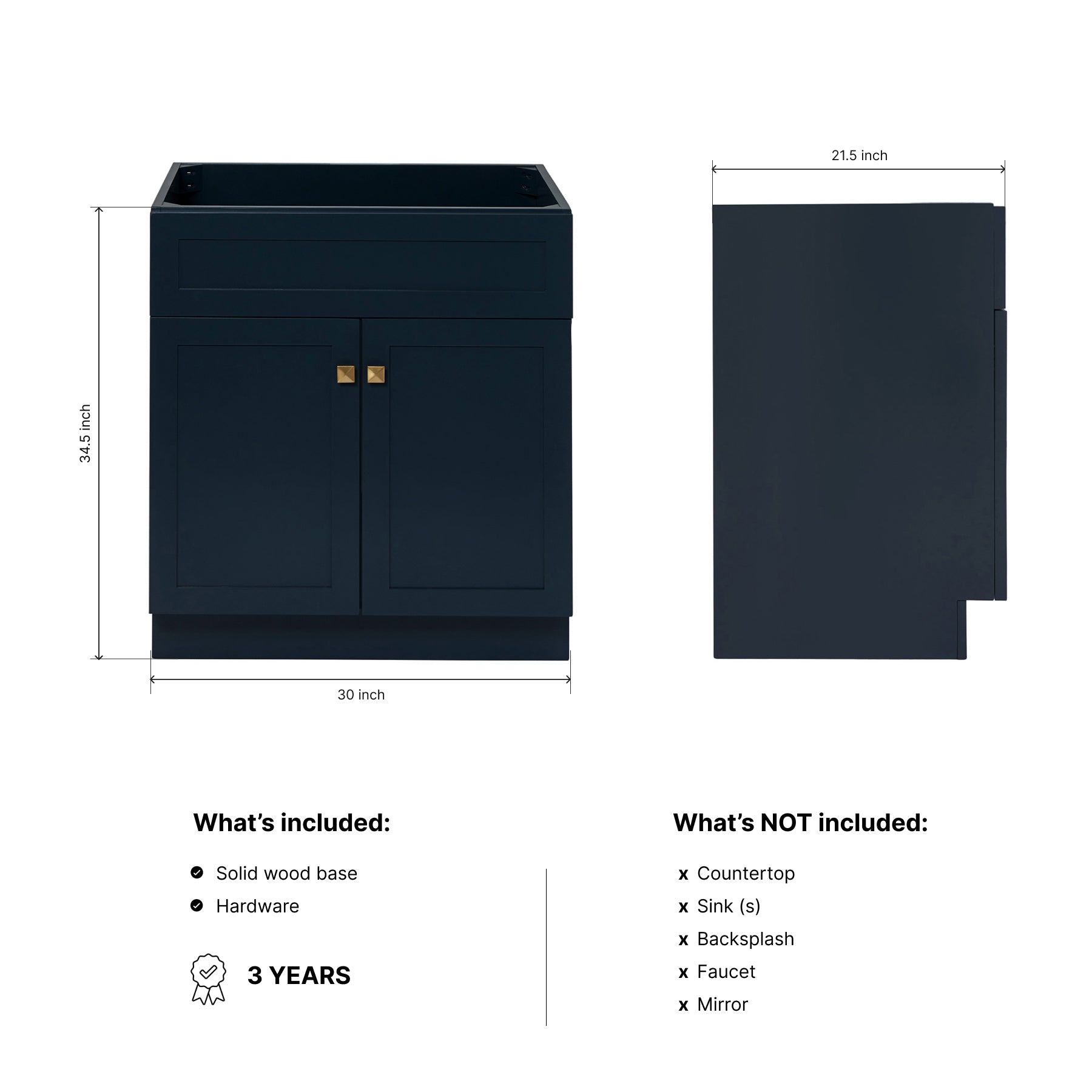 Bradford 30-inch Midnight Blue base cabinet on dimensions
