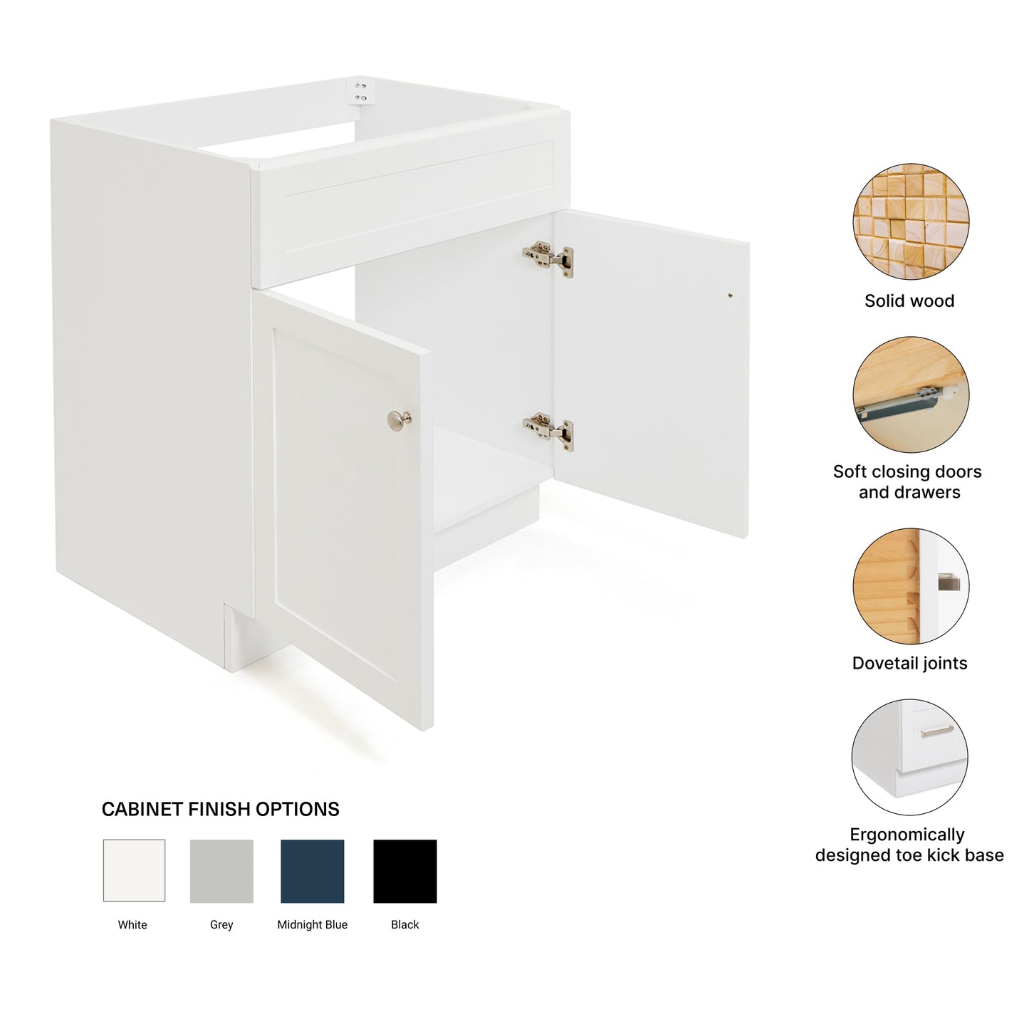 Bradford 30-inch White base cabinet on feature highlights: solid wood frame, soft-close doors and drawers, Sherwin-Williams paint finish