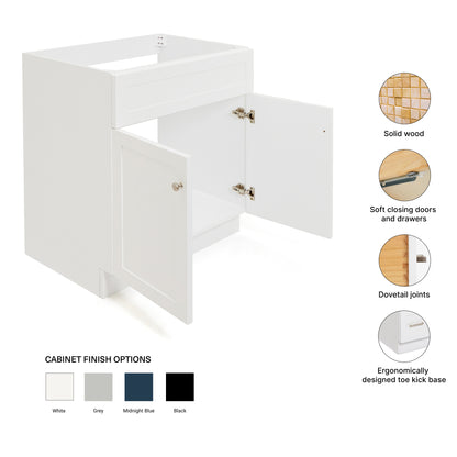 Bradford 30-inch White base cabinet on feature highlights: solid wood frame, soft-close doors and drawers, Sherwin-Williams paint finish
