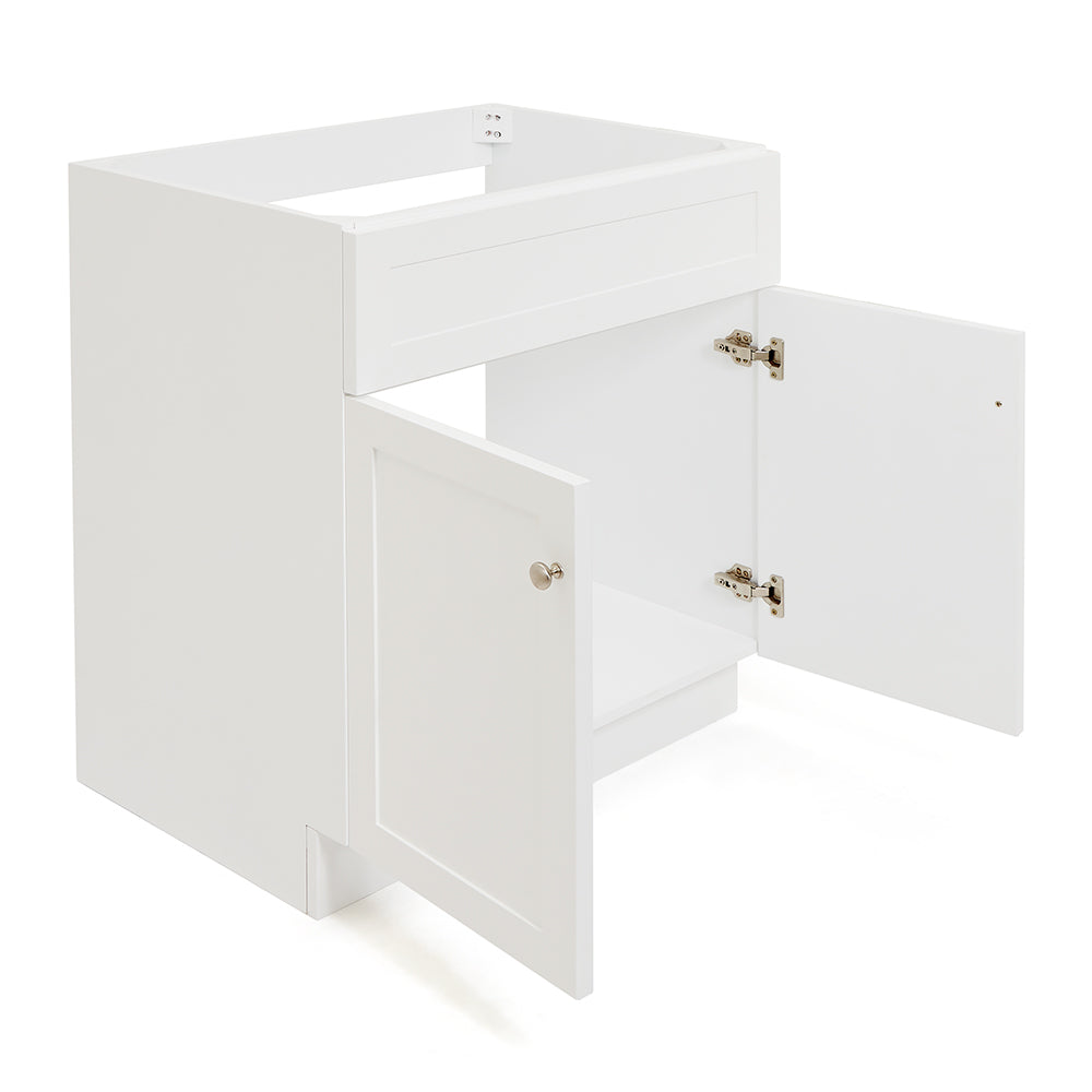 Bradford 30-inch White base cabinet on white back ground side view open door