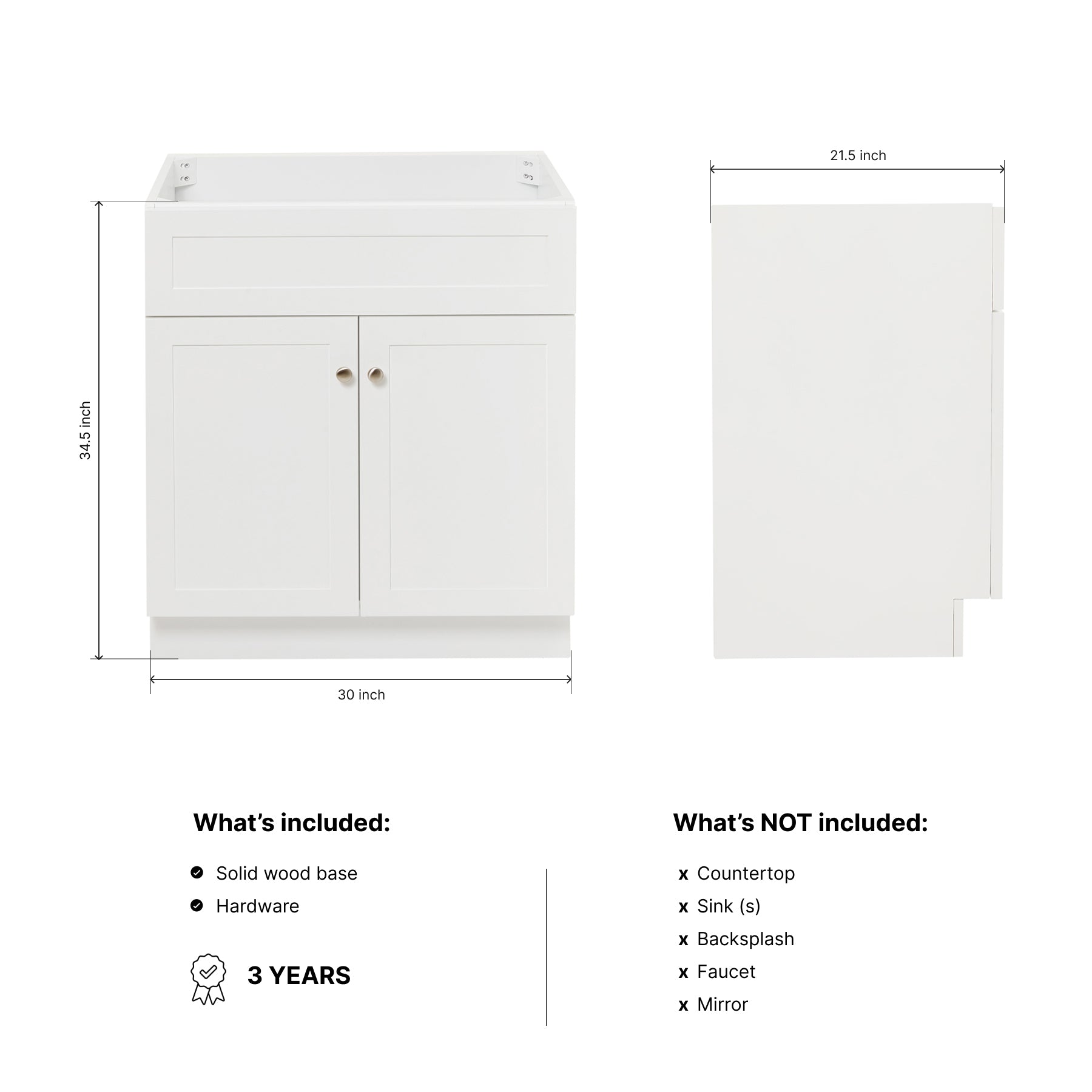 Bradford 30-inch White base cabinet on dimensions