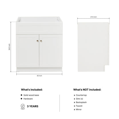Bradford 30-inch White base cabinet on dimensions